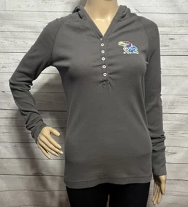 KU Jayhawk Hooded Thermal Top Juniors Medium Gray Ribbed Knit Slim Fit Pullover - Picture 1 of 14