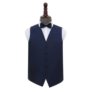 DQT Woven Plain Solid Check Navy Blue Mens Wedding Waistcoat & Bow Tie Set - Picture 1 of 4