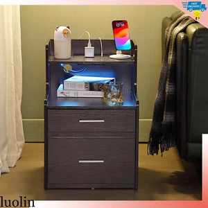 2 Drawers Nightstand with Charging Station & USB Ports Set of 2 Bedside Tables - Picture 1 of 10