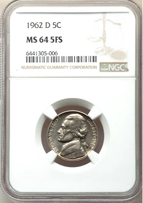 1962 D 5C Jefferson Nickel NGC MS64 Full Steps - Image 1 of 2