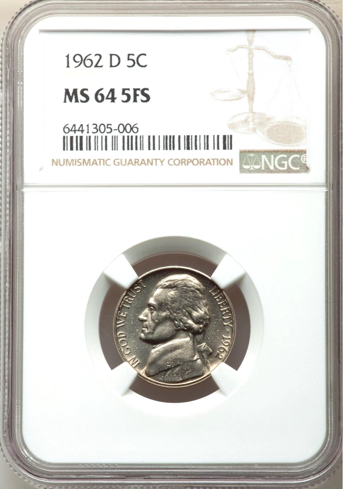 1962 D 5C Jefferson Nickel NGC MS64 Full Steps - Image 1 of 2