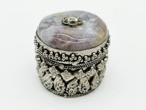 VINTAGE SILVER PLATE MARBLE AGATE LID TRINK / PILL BOX VELVET LINED - Picture 1 of 9