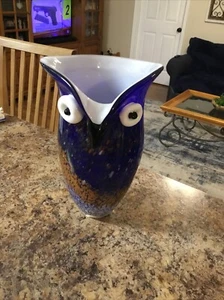 Vintage Mid Century Modern Murano Handblown Glass Owl Pitcher Vase Blue Speckled - Picture 1 of 9