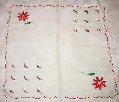 Pañuelo de Navidad de Colección Algodón/Mezcla Bordado Poinsettia 12" Festoneado  Foto 1 de 3