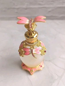 White Frosted Glass Perfume Bottle Pink/Gold/Diamante Trim Dragonfly Lid BNIB - Picture 1 of 3