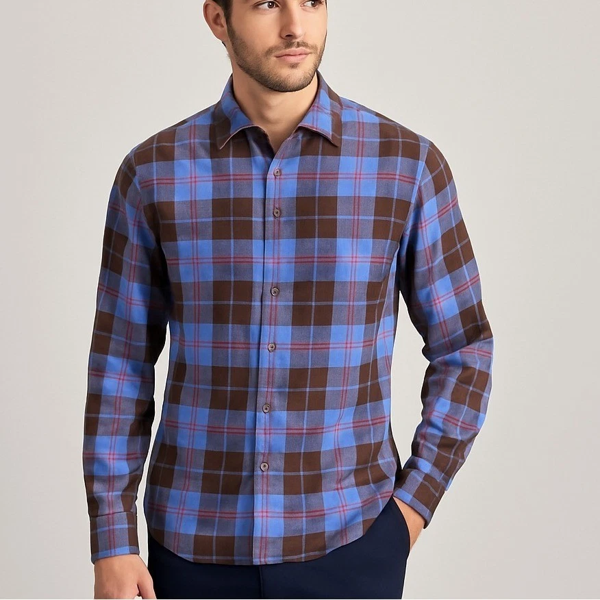 Camisa a Cuadros de Lino Colección Ledbury Reserve Azul Marrón Rojo Calce Clásico 16.5 L Foto 1 de 4
