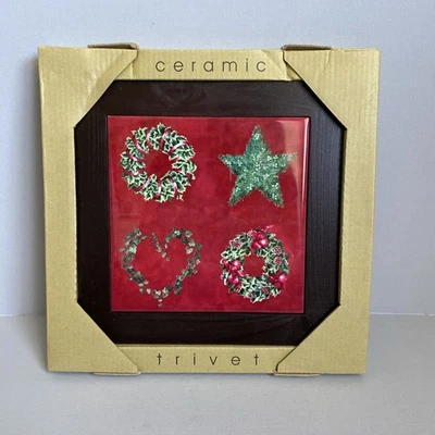 "Azulejo de Navidad remache cerámica marco de madera oscura decoración colgante de pared 8""" Foto 1 de 4