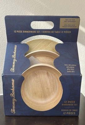 Tommy Bahama 12 Pc Set Melamine 4 Dinner Plates.4 Salad Plates 4 Bowls Wood Look - Image 1 of 4