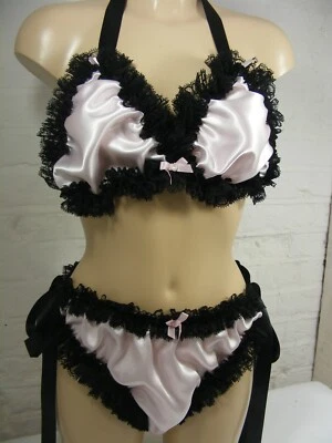 sissy ROSA satinado sujetador bragas conjunto ropa interior top lencería bragas HOMBRE O mujer Foto 1 de 4