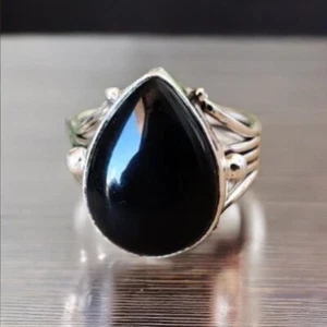 Pear Black Onyx Ring Solid 925 Sterling Silver Ring& Statement Ring Gift For Her - Picture 1 of 4