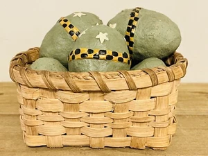 Woven Basket W/6 Green Paper Mache Eggs Farmhouse Primitive Country - Picture 1 of 8