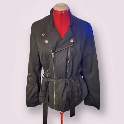 Chaqueta Abrigo de Lluvia VERDE CON ENVIDIA Para Mujer Negro Estilo Moto Cinturón Cremallera TALLA XL Foto 1 de 4