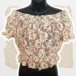 CUTE Y2K Floral Sheer Lace Off The Shoulder Peasant Top Crop Boho Sweet 8-10 S - Picture 1 of 4