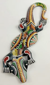 12.5" Wood Tribal African Gecko Lizard Colorful Dot Hand Painted Carved Ornament - Picture 1 of 6