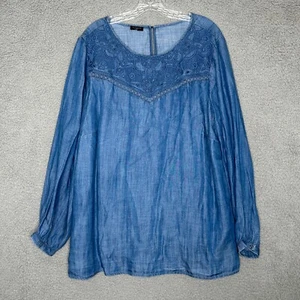 Talbots Plus Chambray Embroidered Denim Tunic Top Long Sleeve Pullover Blouse 1X - Picture 1 of 9