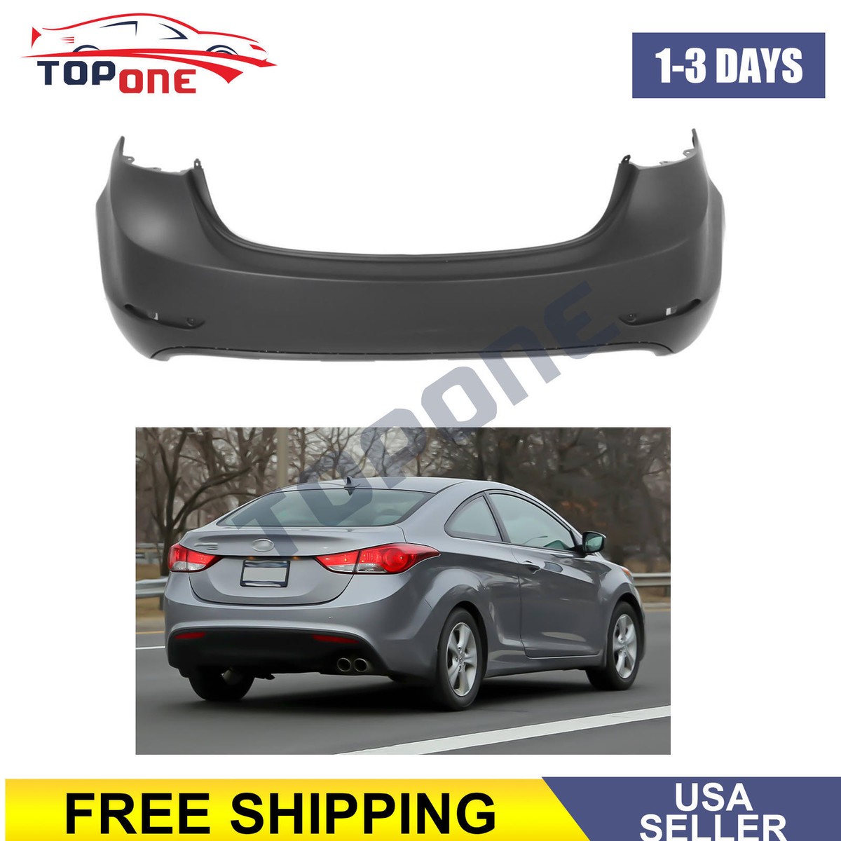 Rear Bumper Cover For Hyundai Elantra 2014-2016 - Primed, Direct Replacement, Without Park Assist Sensor Holes 5 thumbnail image