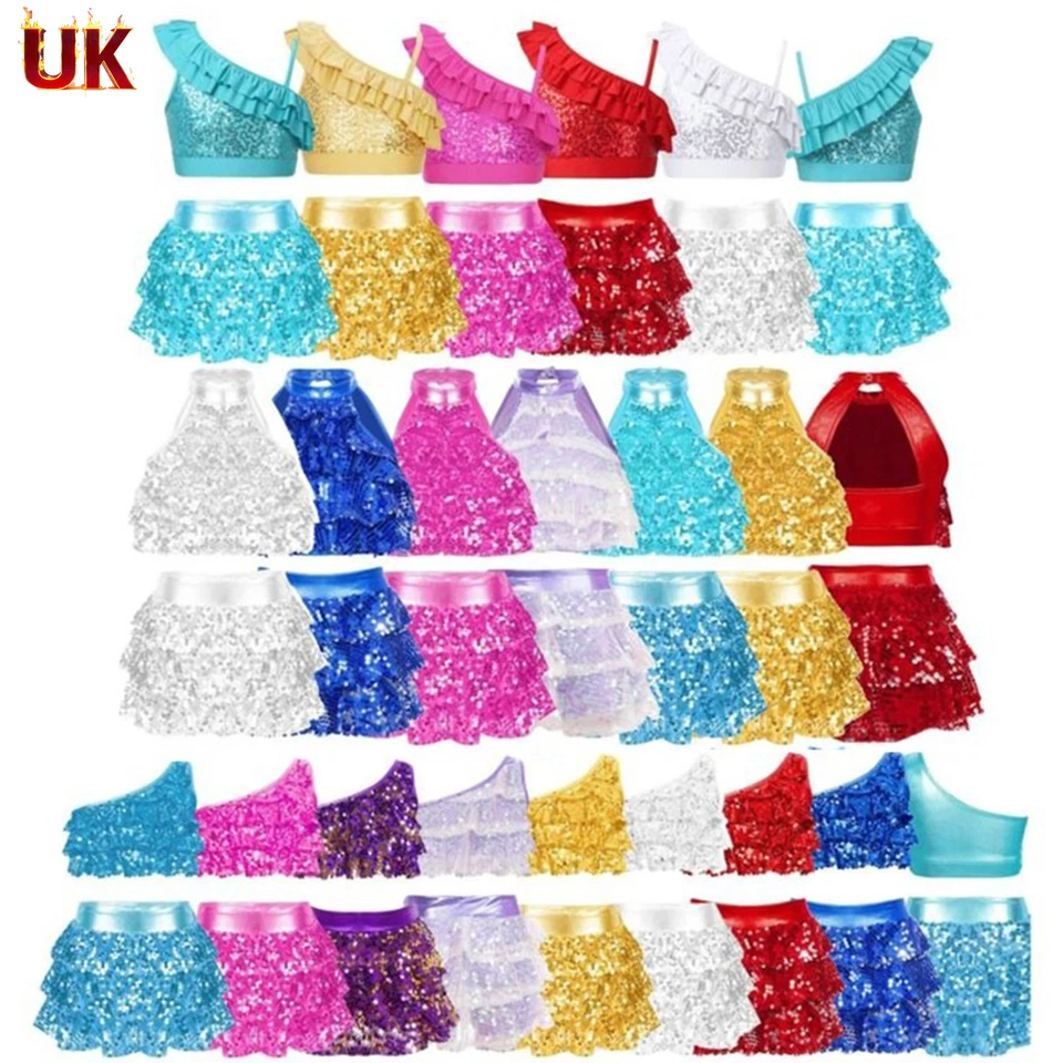 UK Kids Girls Sequins Dance Sets Crop Tops Skirts Latin Jazz Ballet Dancewear - Image 1 of 1