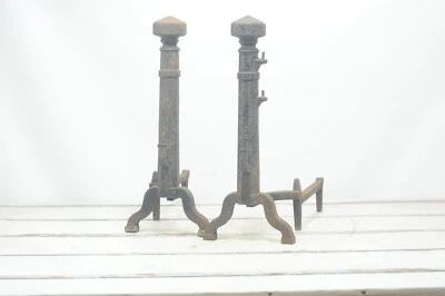 Antique Cast Iron Fire Dogs Mission Arts & Crafts Hammered Andirons 25" High - Image 1 of 4