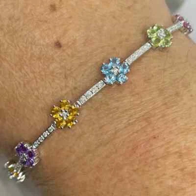 3.50Ct Round Cut Multicolor Rainbow Flower Tennis Bracelet 14K White Gold Plated - Image 1 of 4