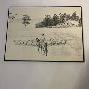 AR Hugill Australia Sketch Print Art Mounted To Board Sheep Ranch Cowboy Horse - Picture 1 of 12