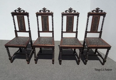 Set of Four Embossed Leather Barley Twist Carved Chairs ~ Spanish Style - Image 1 of 4