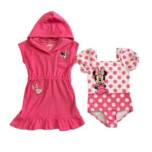 Disney Girl's 2 Piece One Piece Swimsuit and Hooded Cover Up Set (Minnie Mouse, - Picture 1 of 2