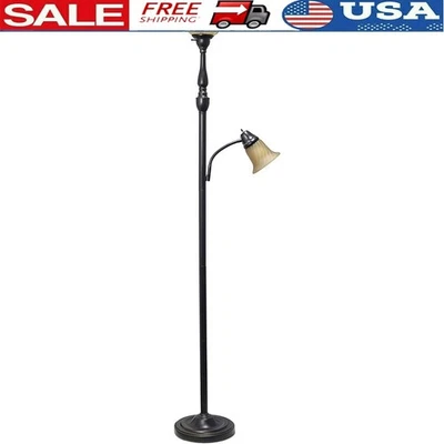 Restoration Bronze Floor Lamp W/ Amber Marble Glass Shades & Reading Light New - Image 1 of 4