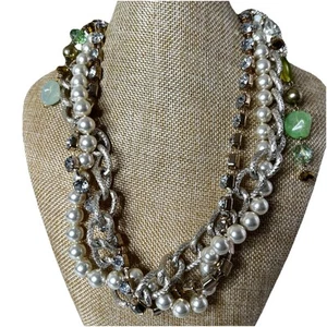 Chunky Multistrand Necklace Pearls Rhinestones Braided Metal Chain 16" Length - Picture 1 of 7