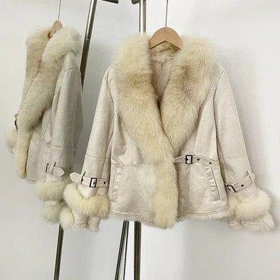 Abrigo Parka Para Mujer Piel de Zorro Real Cuello Grande Forrado Piel de Conejo Medio Largo  Foto 1 de 4