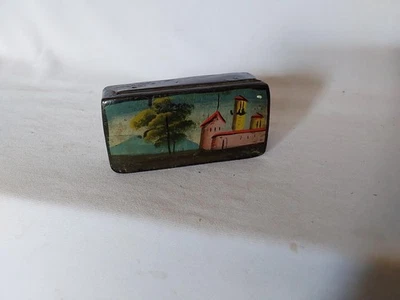 Antique c1800s Primitive Snuff Box with Naive Painting of Houses - Image 1 of 4