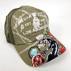 Neu mit Etikett Christian Audigier Ed Hard Trucker Mütze Kappe Druckknopfleiste Y2K Bling Panther Rose - Bild 1 von 10