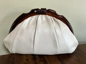Vintage Clutch Purse Ivory Leather W/ Tortoise Lucite Handle. Chic Classic - Picture 1 of 5