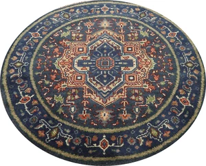 Blue Heriz Serapi Splendor Indian Hand-Knotted Round Rug Décor 4x4 ft - Picture 1 of 16