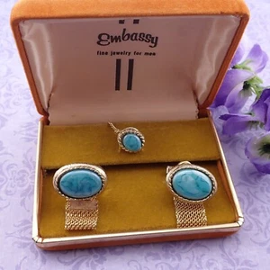 Embassy Aqua Art Glass Cabochon Gold Tone Mesh Cufflink Tie Tack Set Orig Box - Picture 1 of 4