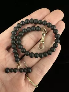 Antique Victorian Gold Filled Whitby Jet Coal Mourning Bead Watch Fob Chain 9.25 - Picture 1 of 5