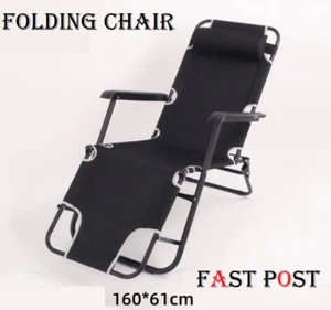 Black Reclining Deck Sun Beach Chair Bed Outdoor Folding Camping Tanning Pool - Picture 1 of 3