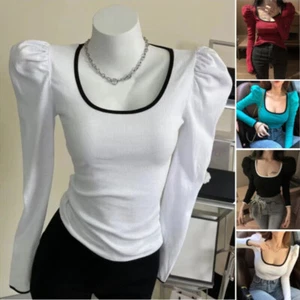 Lady Scoop Neck Basic Shirt Puff Sleeve Slim Cotton Tops Low Cut Bottoming Plain - Picture 1 of 16
