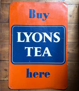 Vintage Lyon's Tea Printed Tin Sign, Large, Orange and Navy Blue - Picture 1 of 10