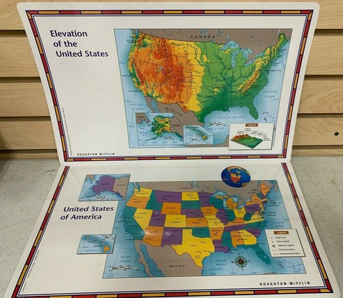 Lot of 25-2 Sided Laminated UNITED STATES MAPS-1 Elevation 2 States ...