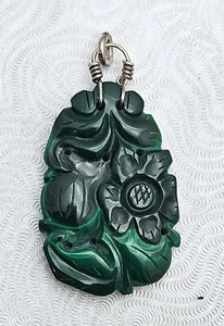 CARVED MALACHITE ~ Vintage Pendant with Silver Wire Bail ~ 19.8-grams 1.7" x 1" - Picture 1 of 6
