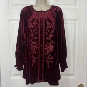NWT Calessa Boho Top Plus 2X Burgundy Velvet Embroidered Smocked Cuff LS Stretch - Picture 1 of 9