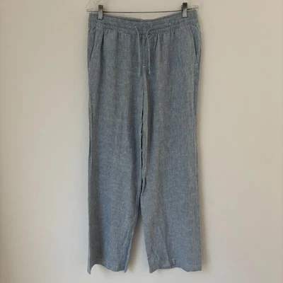 Pantalones para mujer Old Navy medianos azules a rayas pierna ancha mezcla de lino playeros Foto 1 de 4