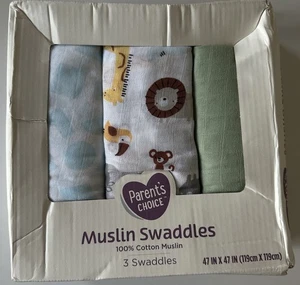 Parents Choice Drei Musselin Swaddles Safari Dschungel Motiv 47"x47" NEU - Bild 1 von 3