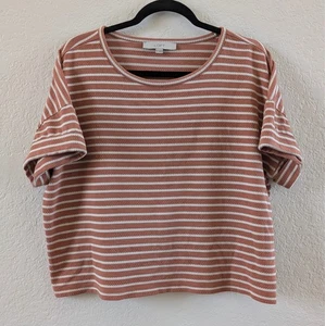 Loft Womens Orange Striped Cropped Boxy Short Sleeve Shirt Large Neutral - Picture 1 of 14