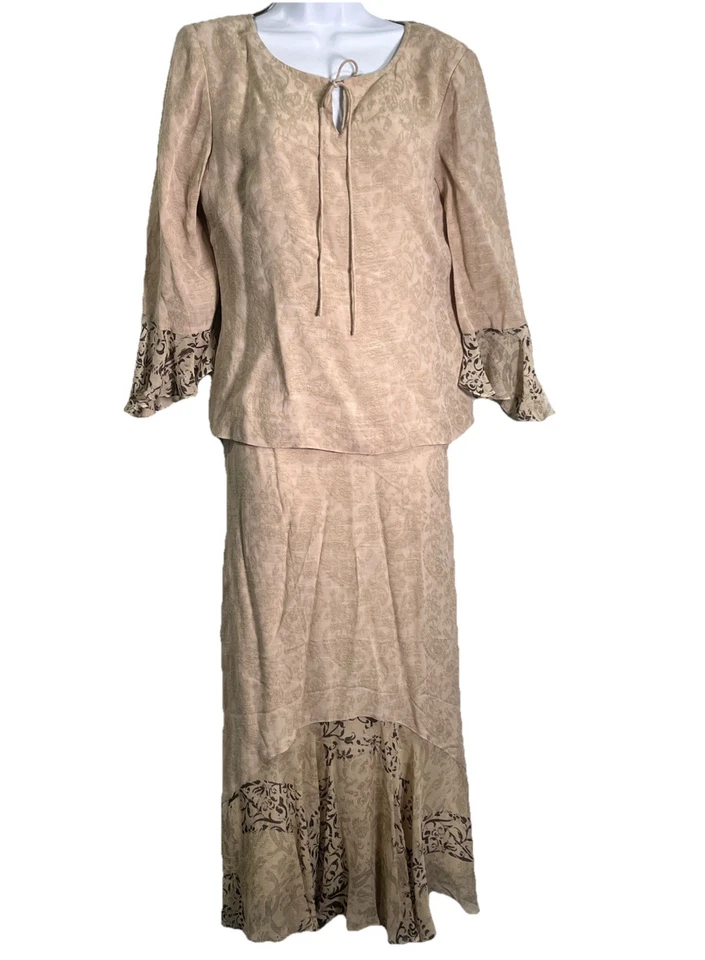 Cynthia Howie Vtg Maxi Skirt Set Womens Sz 6 Tan Silk Lace Paisley Fairy Prairie - Image 1 of 4