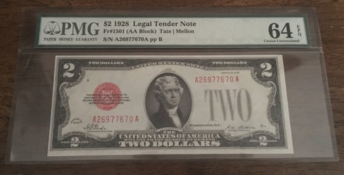1928 plain $2 LEGAL TENDER US NOTE FR.1501 AA BLOCK TATE MELLON PMG UNC ...