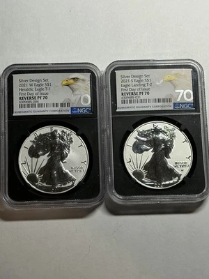2021-W & S $1 CONJUNTO PROOF SILVER EAGLE NGC PF-70 DESIGNER TIPO REVERSO 1 2 MOEDA - Imagem 1 de 4