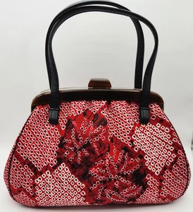 KIMONO Shibori Vintage Handbag – Red Kimono Fabric, Tortoise shell Frame - Picture 1 of 14