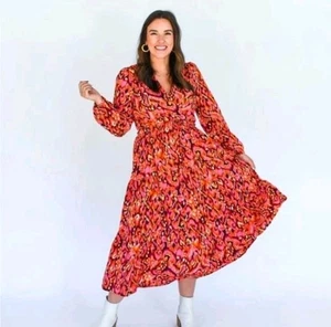 Avara Pinch Brianne Midi Fit & Flare Dress S Tiered Puff Sleeve Boho Hippie NWT - Picture 1 of 13