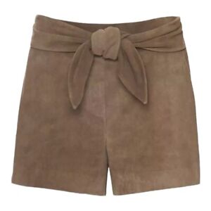 INTERMIX GENUINE LEATHER GOAT SUEDE BROWN TAUPE TIE SHORTS SIZE S